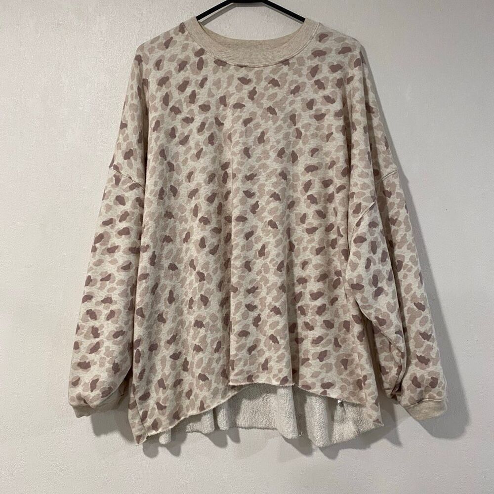 Aerie Leopard Print Oversized Sweatshirt XL Cream Tan Animal Print Pullover